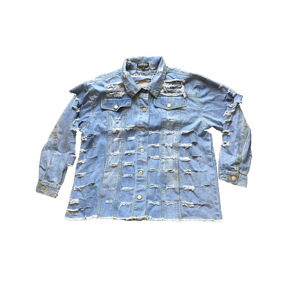THRILL Jeans Jacket Womens 3X Blue Distressed Denim Destroyed Ripped Plus Ladies